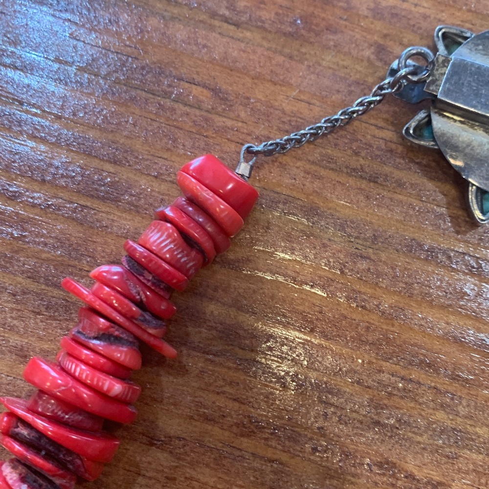 Red Coral with Turquoise Clasp Navajo Necklace - Picture 11 of 17
